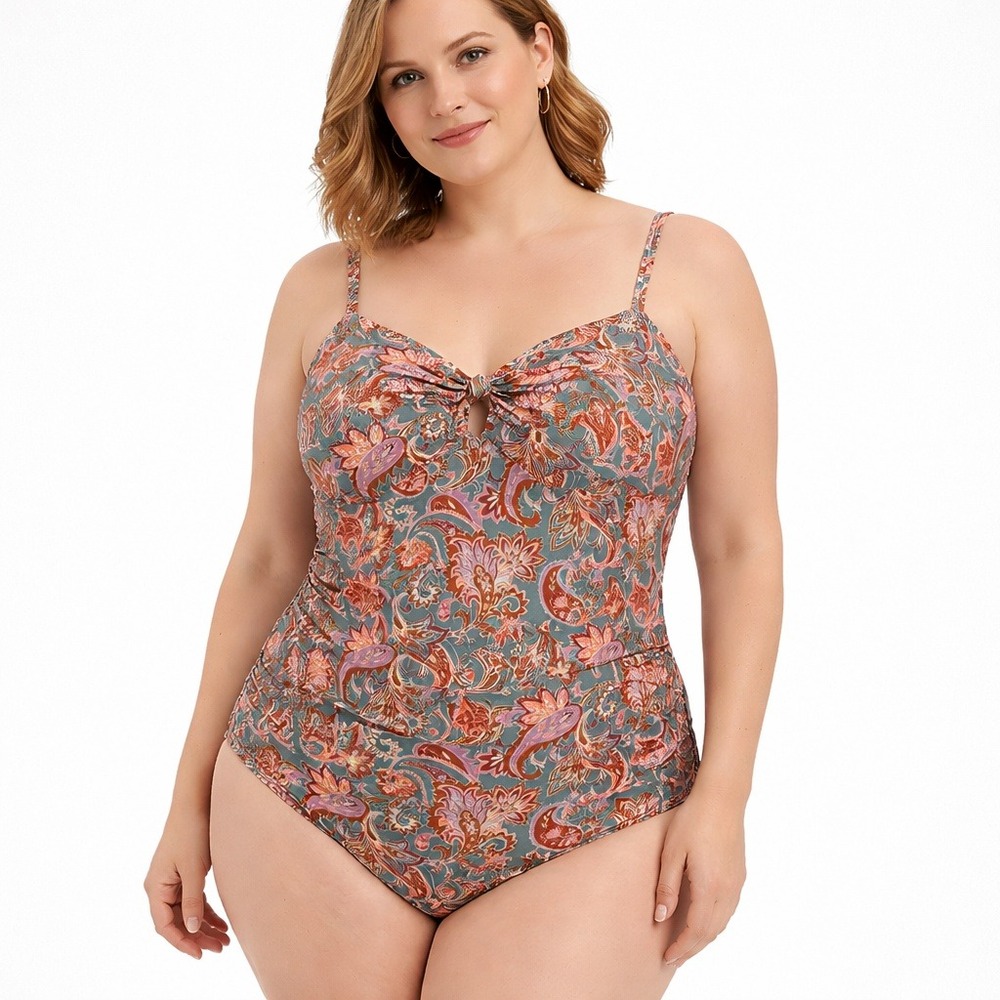 Shade & Shore XL Paisley One Piece Swimsuit Teal Pink NWT Sweetheart Knot Tie
